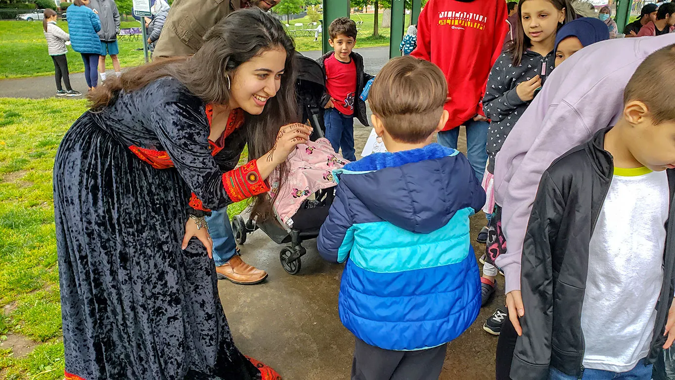 Distributing gift to kids